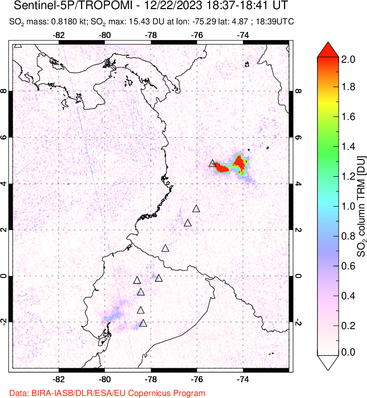 A sulfur dioxide image over Ecuador on Dec 22, 2023.