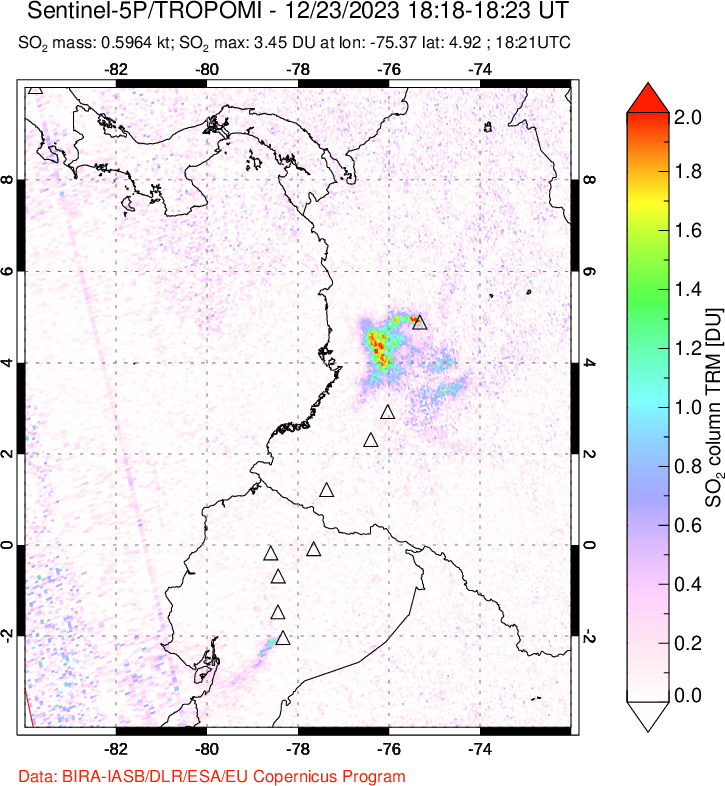 A sulfur dioxide image over Ecuador on Dec 23, 2023.