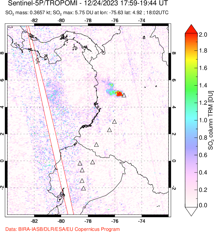 A sulfur dioxide image over Ecuador on Dec 24, 2023.