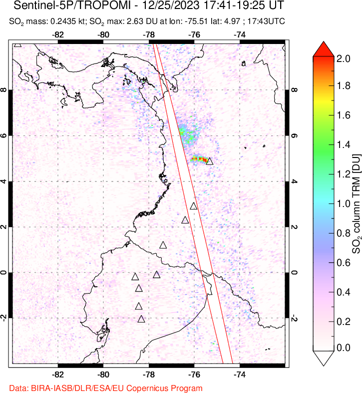 A sulfur dioxide image over Ecuador on Dec 25, 2023.