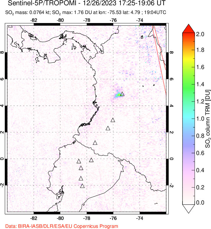 A sulfur dioxide image over Ecuador on Dec 26, 2023.