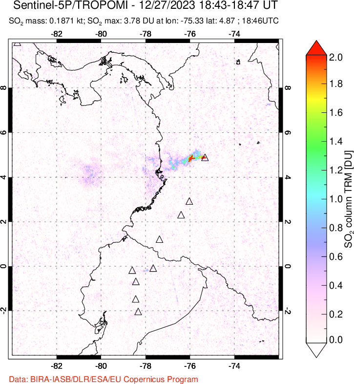 A sulfur dioxide image over Ecuador on Dec 27, 2023.