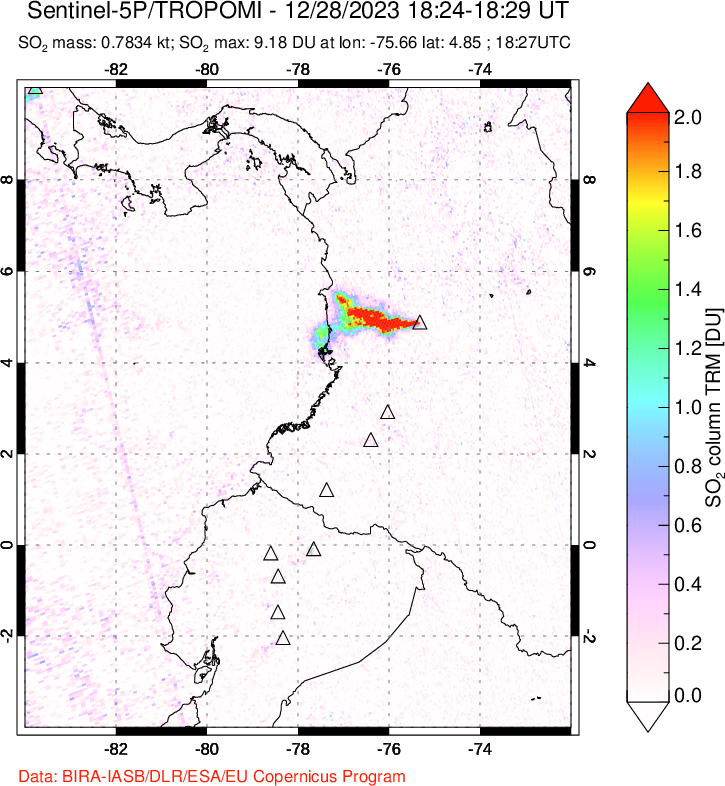 A sulfur dioxide image over Ecuador on Dec 28, 2023.