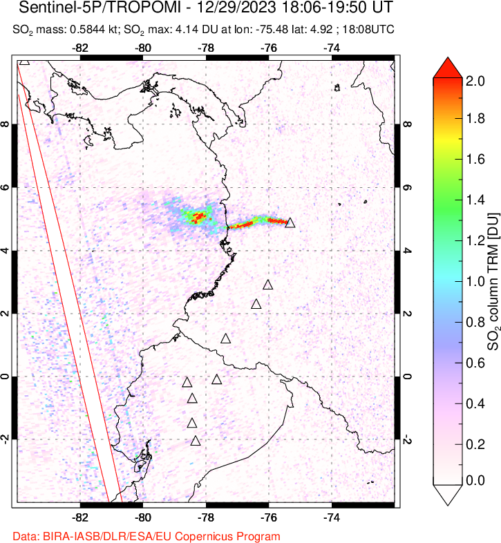 A sulfur dioxide image over Ecuador on Dec 29, 2023.