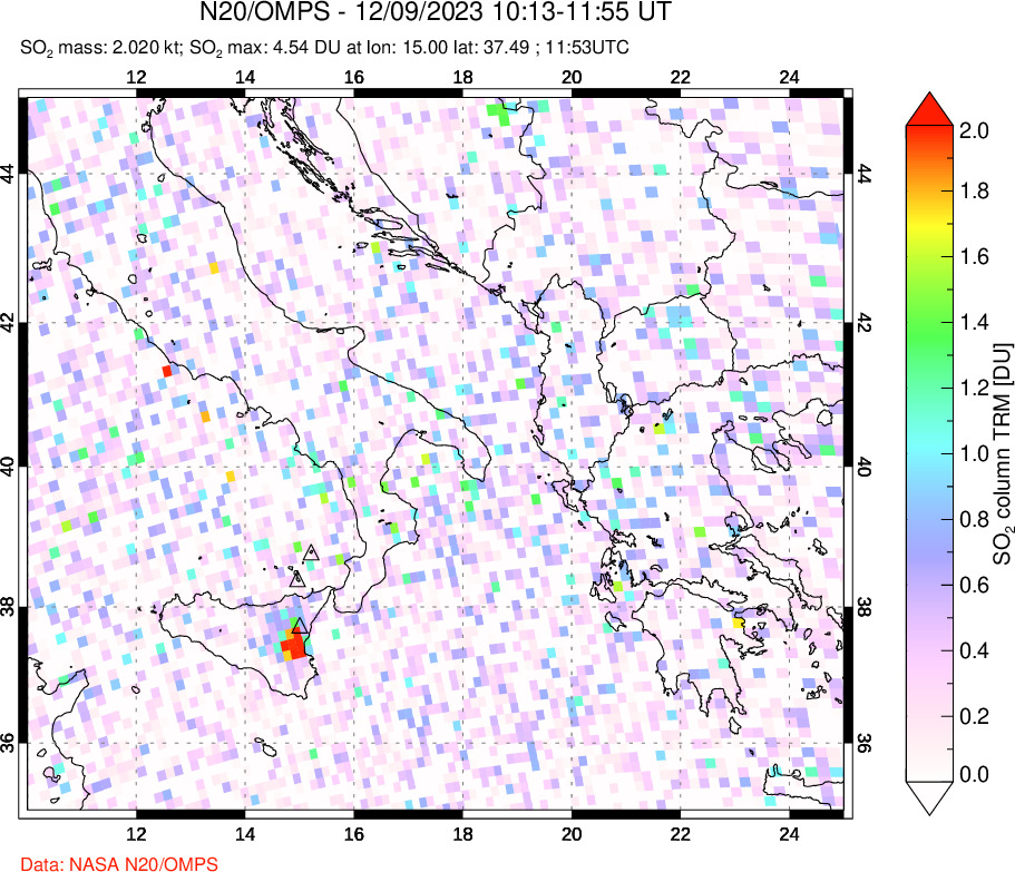 A sulfur dioxide image over Etna, Sicily, Italy on Dec 09, 2023.