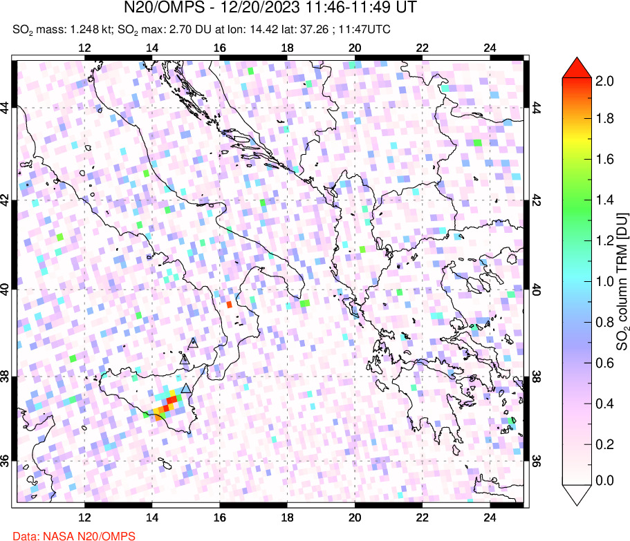 A sulfur dioxide image over Etna, Sicily, Italy on Dec 20, 2023.