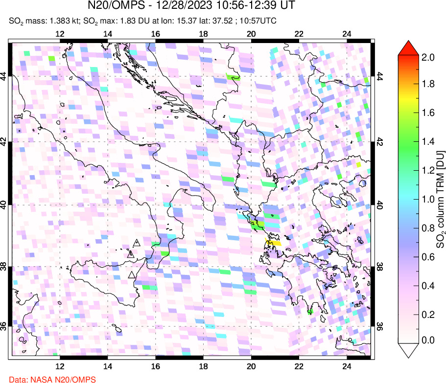 A sulfur dioxide image over Etna, Sicily, Italy on Dec 28, 2023.