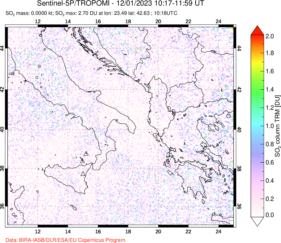 A sulfur dioxide image over Etna, Sicily, Italy on Dec 01, 2023.