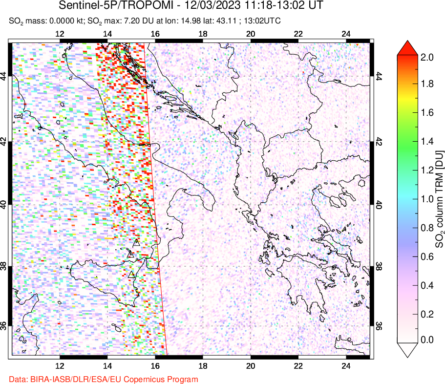 A sulfur dioxide image over Etna, Sicily, Italy on Dec 03, 2023.