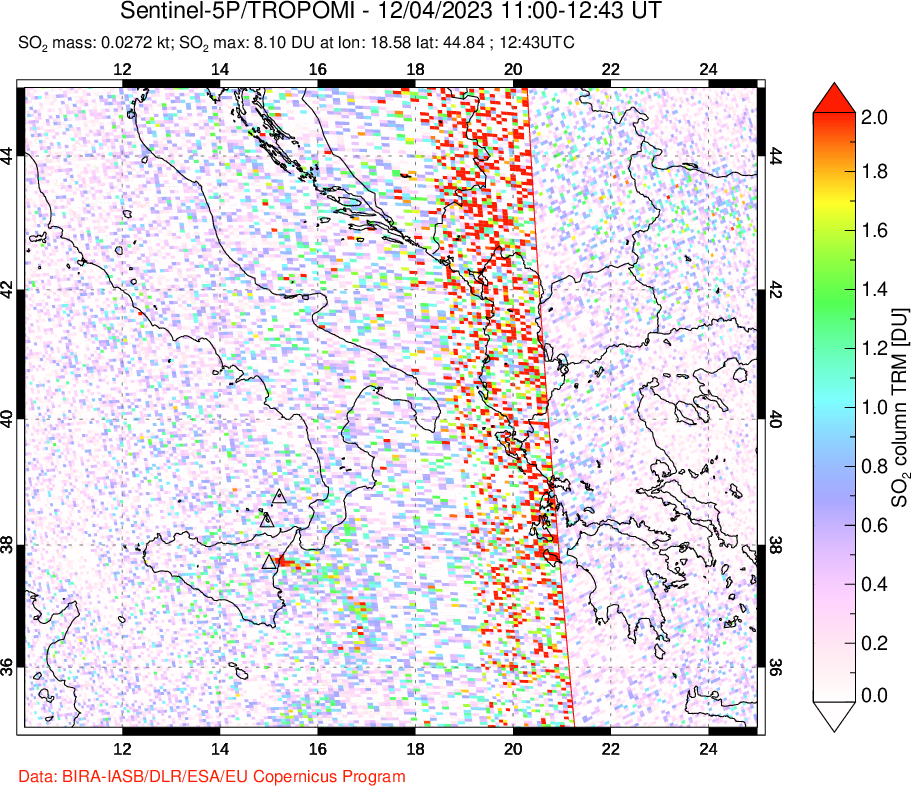 A sulfur dioxide image over Etna, Sicily, Italy on Dec 04, 2023.