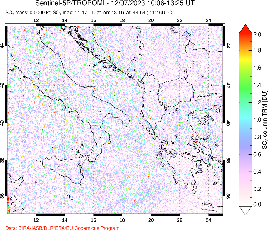 A sulfur dioxide image over Etna, Sicily, Italy on Dec 07, 2023.