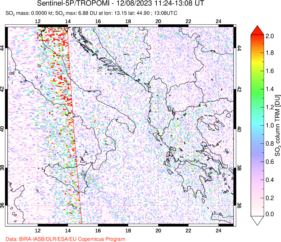 A sulfur dioxide image over Etna, Sicily, Italy on Dec 08, 2023.