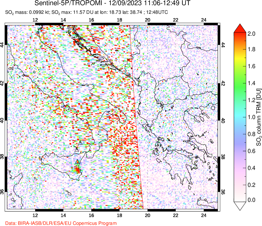 A sulfur dioxide image over Etna, Sicily, Italy on Dec 09, 2023.