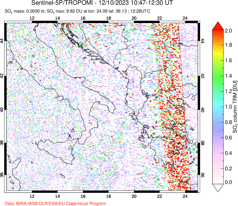 A sulfur dioxide image over Etna, Sicily, Italy on Dec 10, 2023.