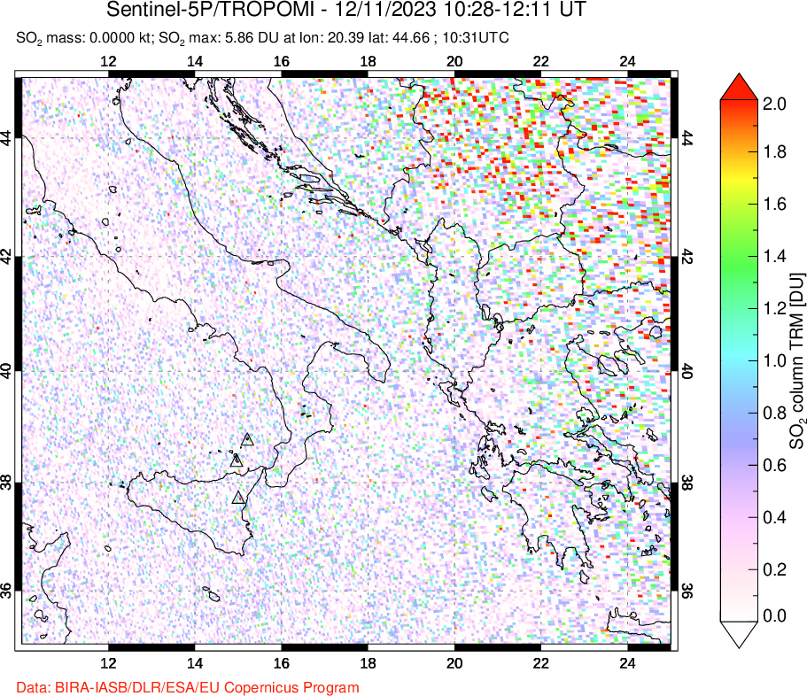 A sulfur dioxide image over Etna, Sicily, Italy on Dec 11, 2023.