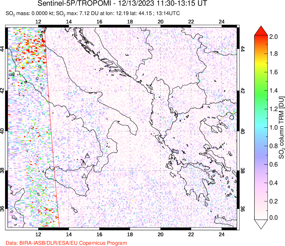 A sulfur dioxide image over Etna, Sicily, Italy on Dec 13, 2023.