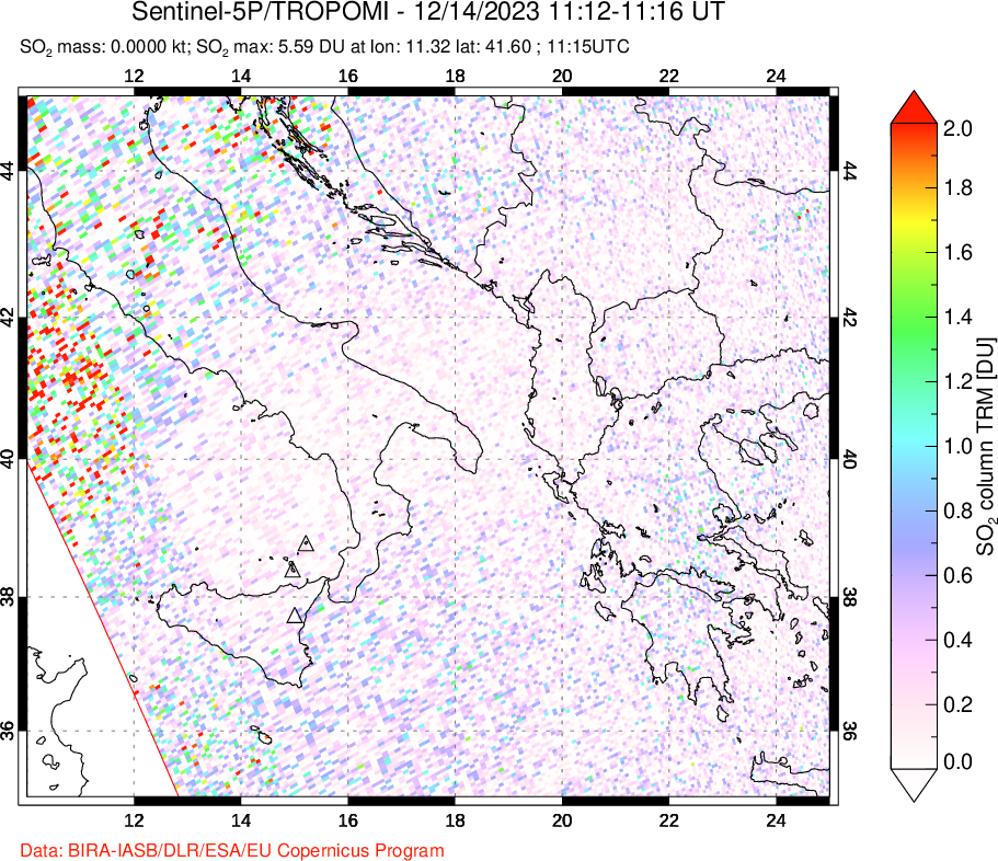 A sulfur dioxide image over Etna, Sicily, Italy on Dec 14, 2023.