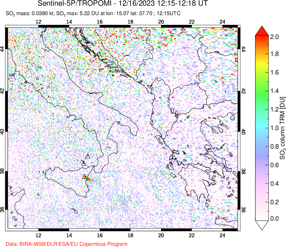 A sulfur dioxide image over Etna, Sicily, Italy on Dec 16, 2023.