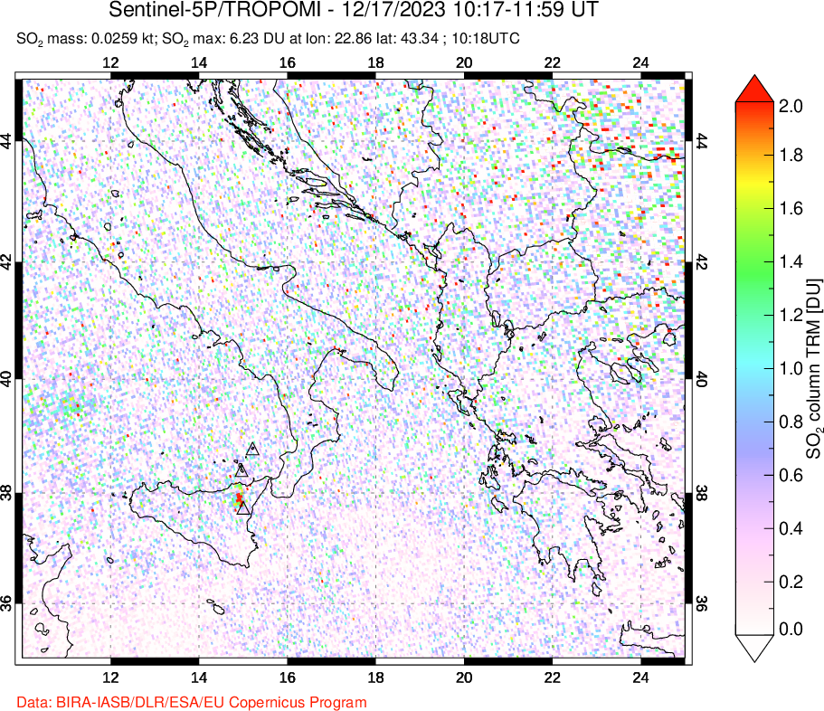 A sulfur dioxide image over Etna, Sicily, Italy on Dec 17, 2023.