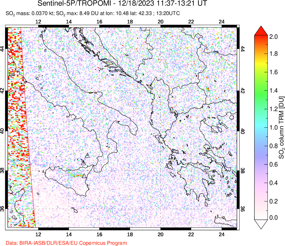 A sulfur dioxide image over Etna, Sicily, Italy on Dec 18, 2023.