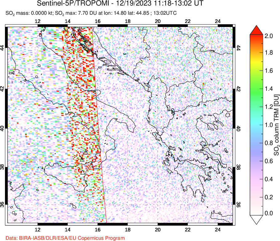 A sulfur dioxide image over Etna, Sicily, Italy on Dec 19, 2023.