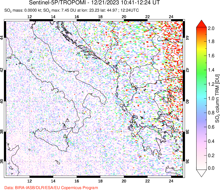 A sulfur dioxide image over Etna, Sicily, Italy on Dec 21, 2023.