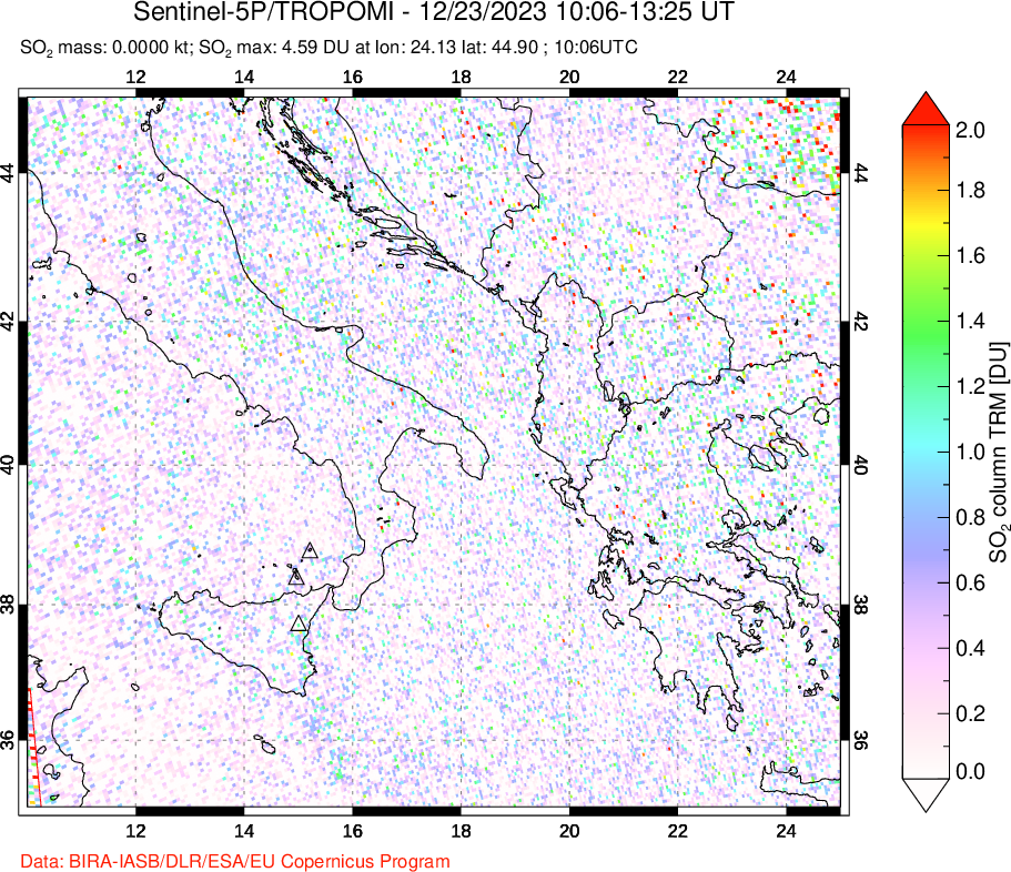 A sulfur dioxide image over Etna, Sicily, Italy on Dec 23, 2023.