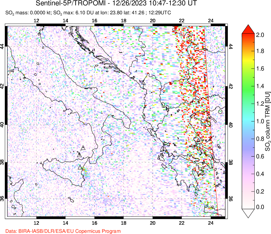 A sulfur dioxide image over Etna, Sicily, Italy on Dec 26, 2023.