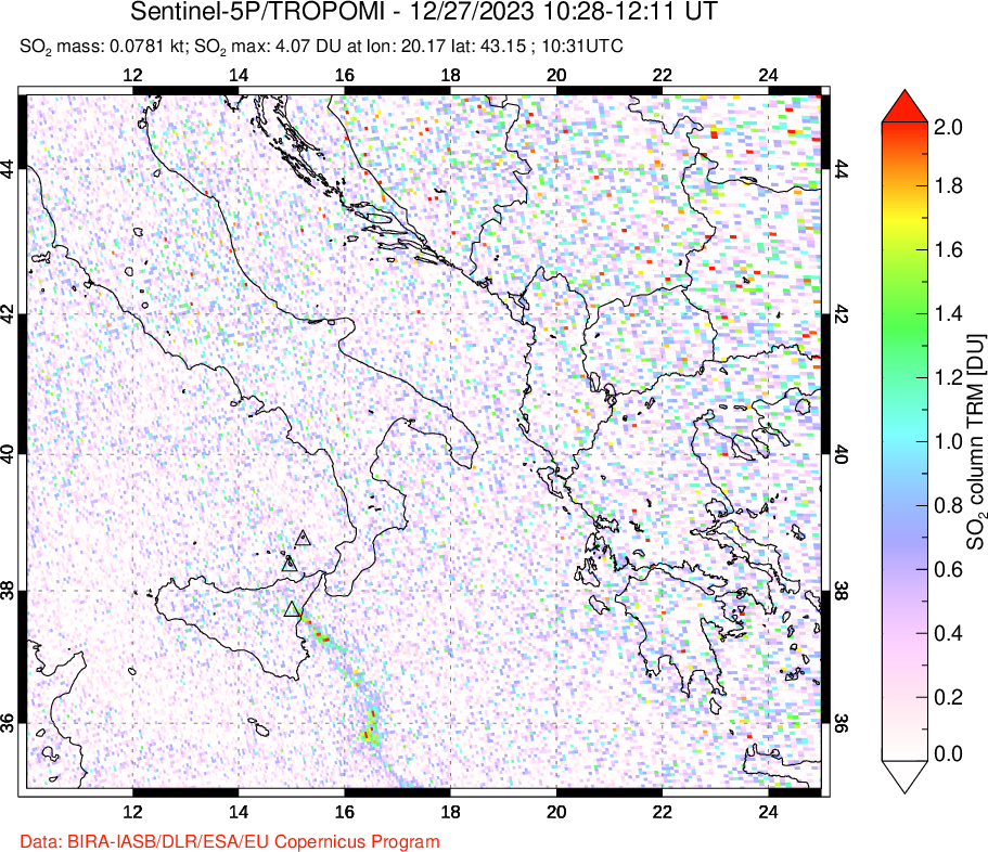 A sulfur dioxide image over Etna, Sicily, Italy on Dec 27, 2023.