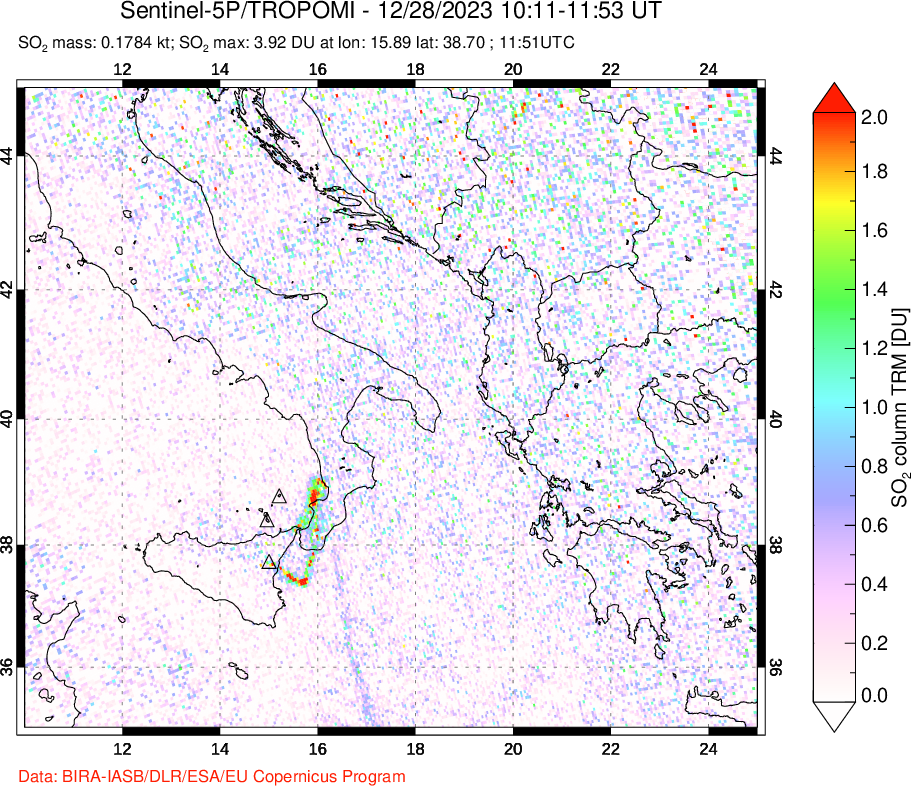 A sulfur dioxide image over Etna, Sicily, Italy on Dec 28, 2023.