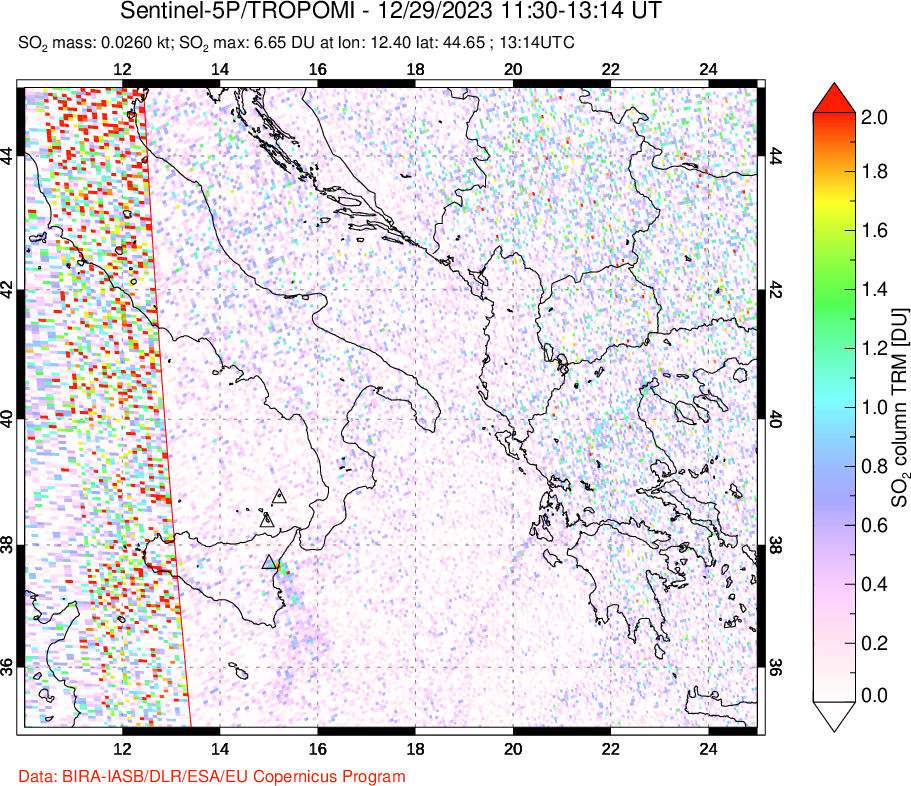 A sulfur dioxide image over Etna, Sicily, Italy on Dec 29, 2023.