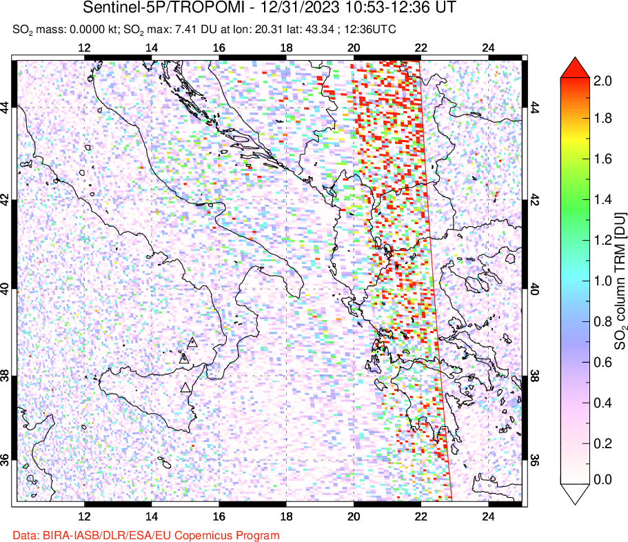 A sulfur dioxide image over Etna, Sicily, Italy on Dec 31, 2023.