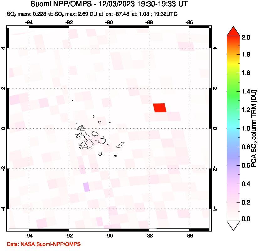 A sulfur dioxide image over Galápagos Islands on Dec 03, 2023.