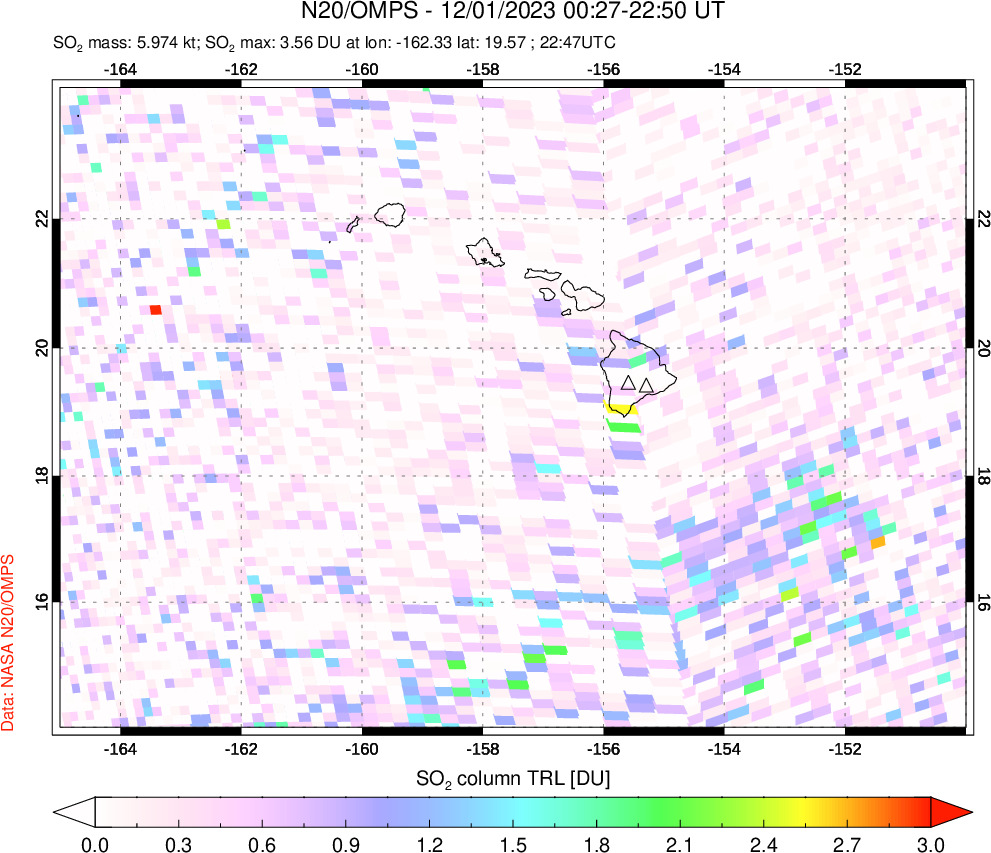 A sulfur dioxide image over Hawaii, USA on Dec 01, 2023.