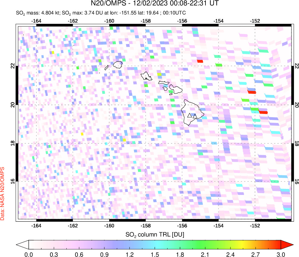 A sulfur dioxide image over Hawaii, USA on Dec 02, 2023.