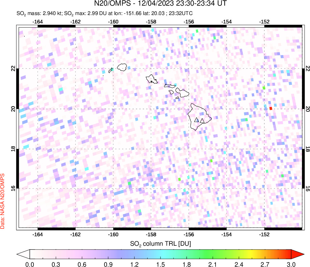 A sulfur dioxide image over Hawaii, USA on Dec 04, 2023.