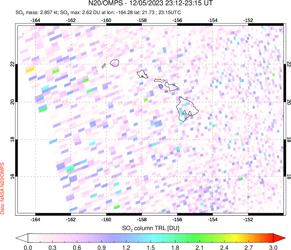 A sulfur dioxide image over Hawaii, USA on Dec 05, 2023.