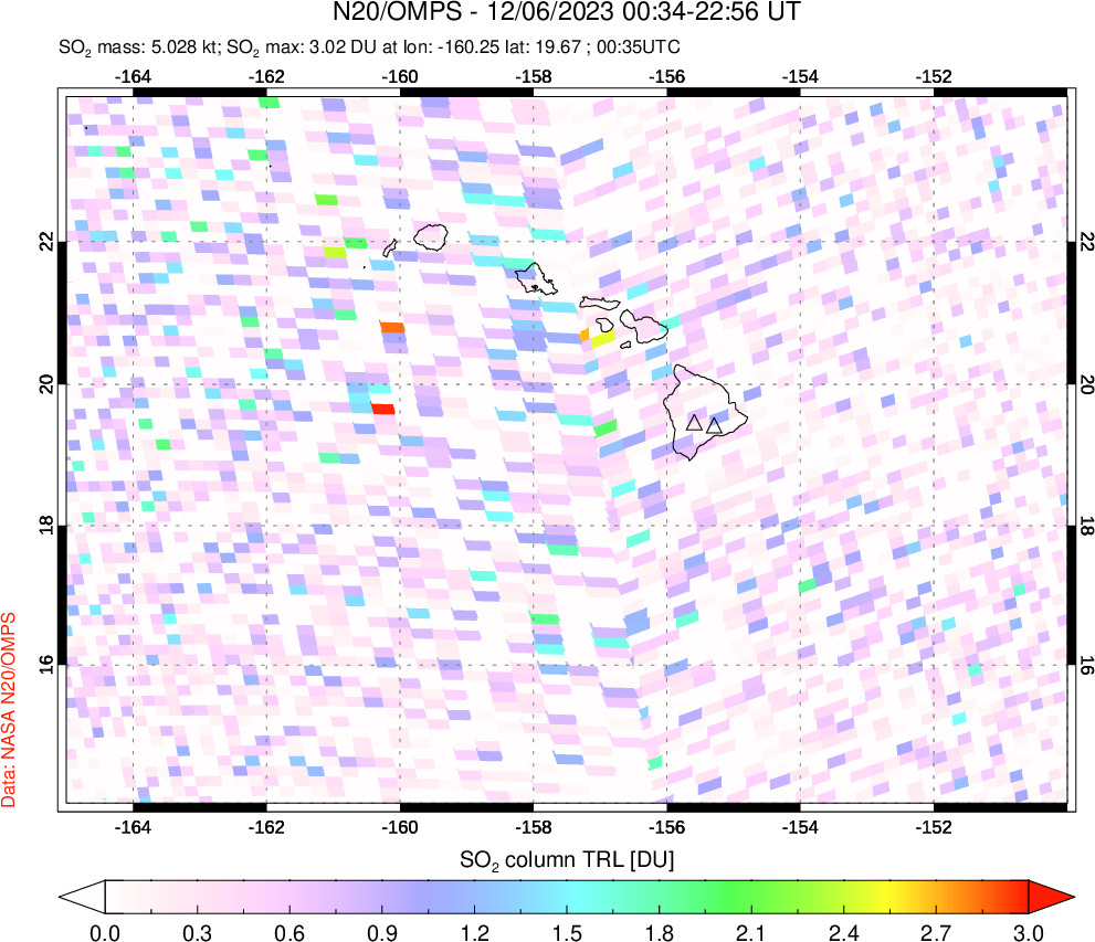 A sulfur dioxide image over Hawaii, USA on Dec 06, 2023.