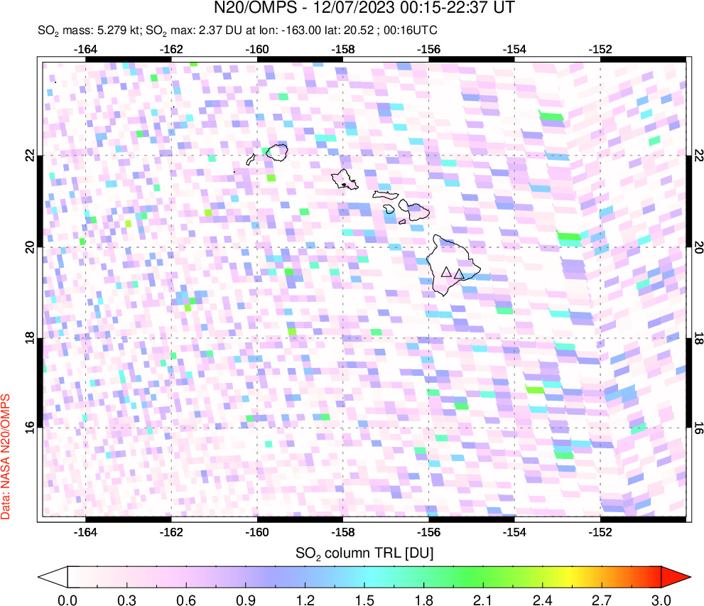 A sulfur dioxide image over Hawaii, USA on Dec 07, 2023.