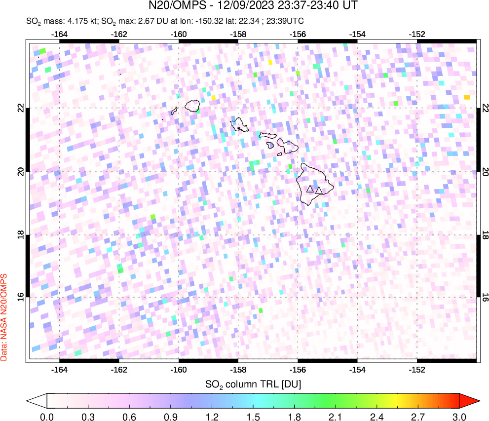 A sulfur dioxide image over Hawaii, USA on Dec 09, 2023.