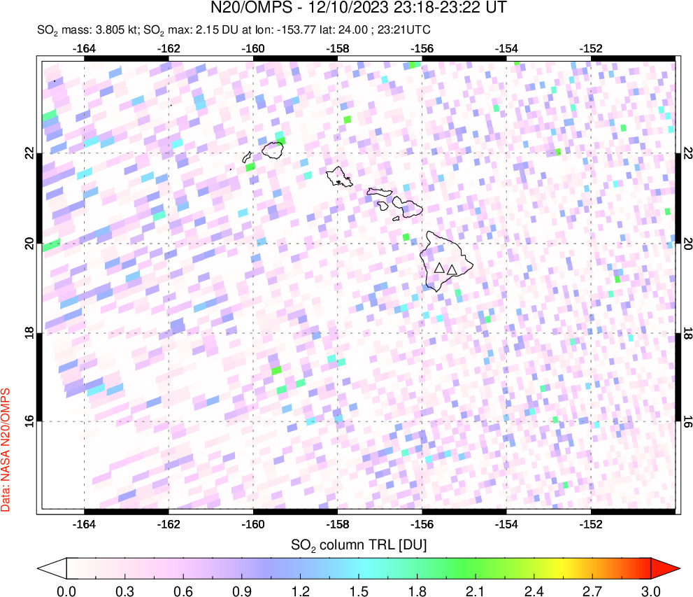 A sulfur dioxide image over Hawaii, USA on Dec 10, 2023.