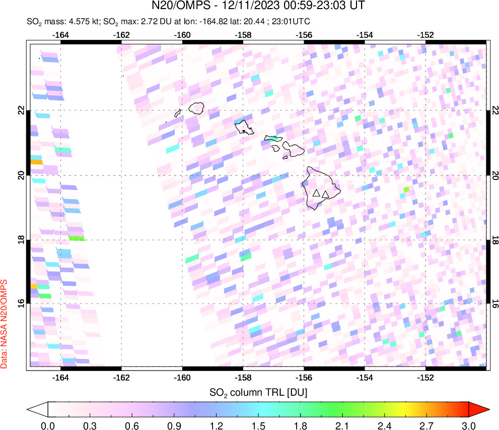 A sulfur dioxide image over Hawaii, USA on Dec 11, 2023.