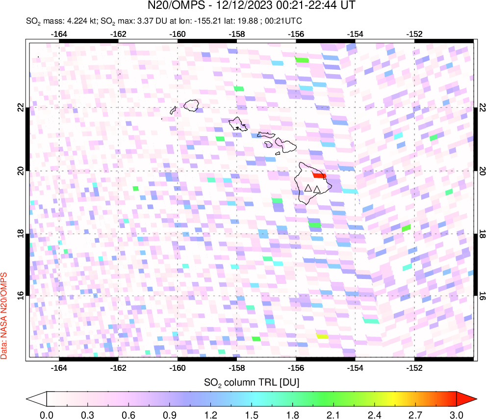 A sulfur dioxide image over Hawaii, USA on Dec 12, 2023.