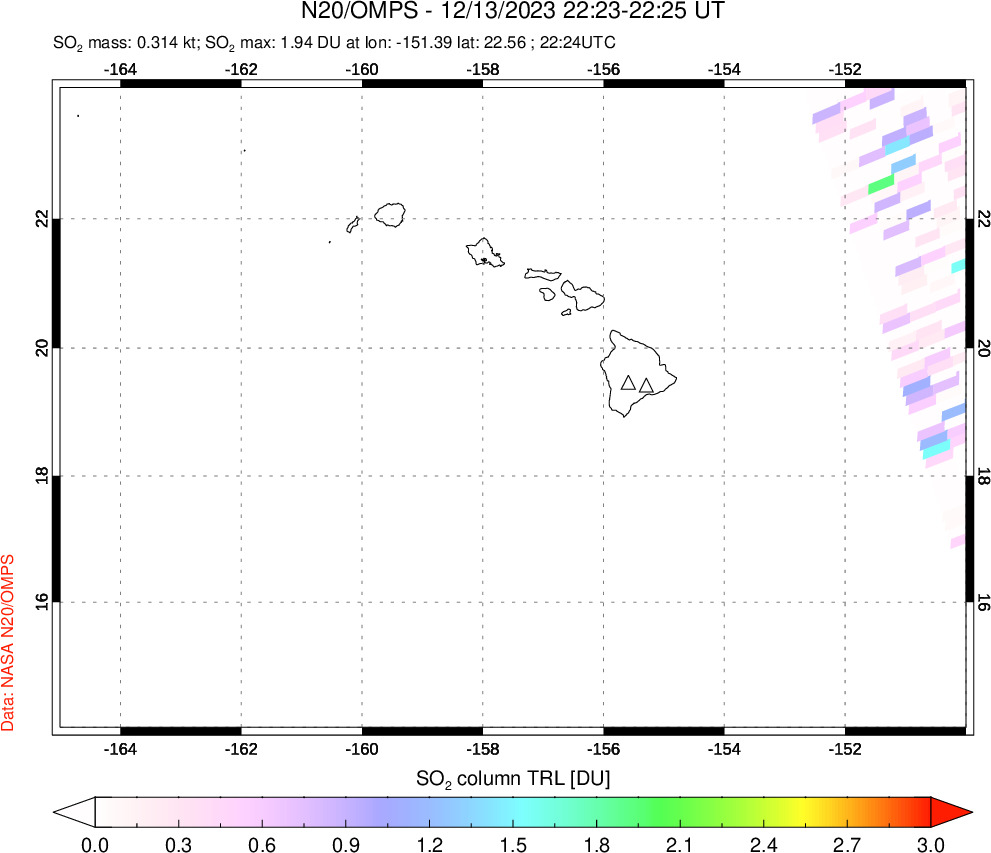 A sulfur dioxide image over Hawaii, USA on Dec 13, 2023.