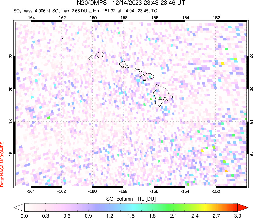 A sulfur dioxide image over Hawaii, USA on Dec 14, 2023.