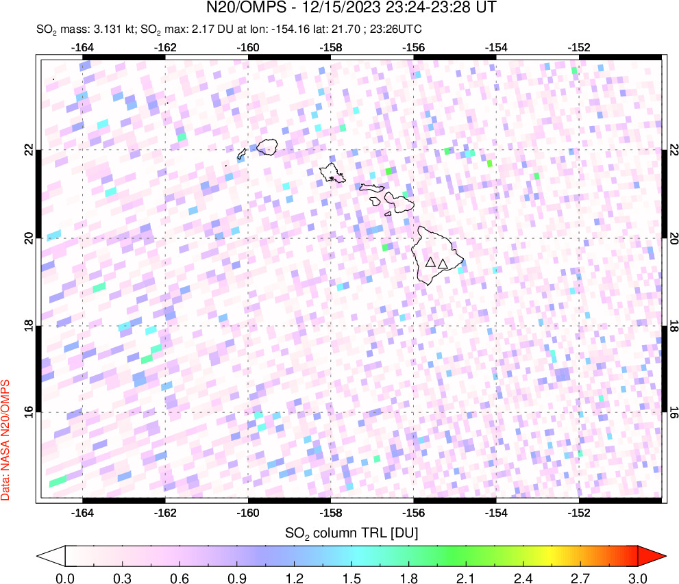 A sulfur dioxide image over Hawaii, USA on Dec 15, 2023.