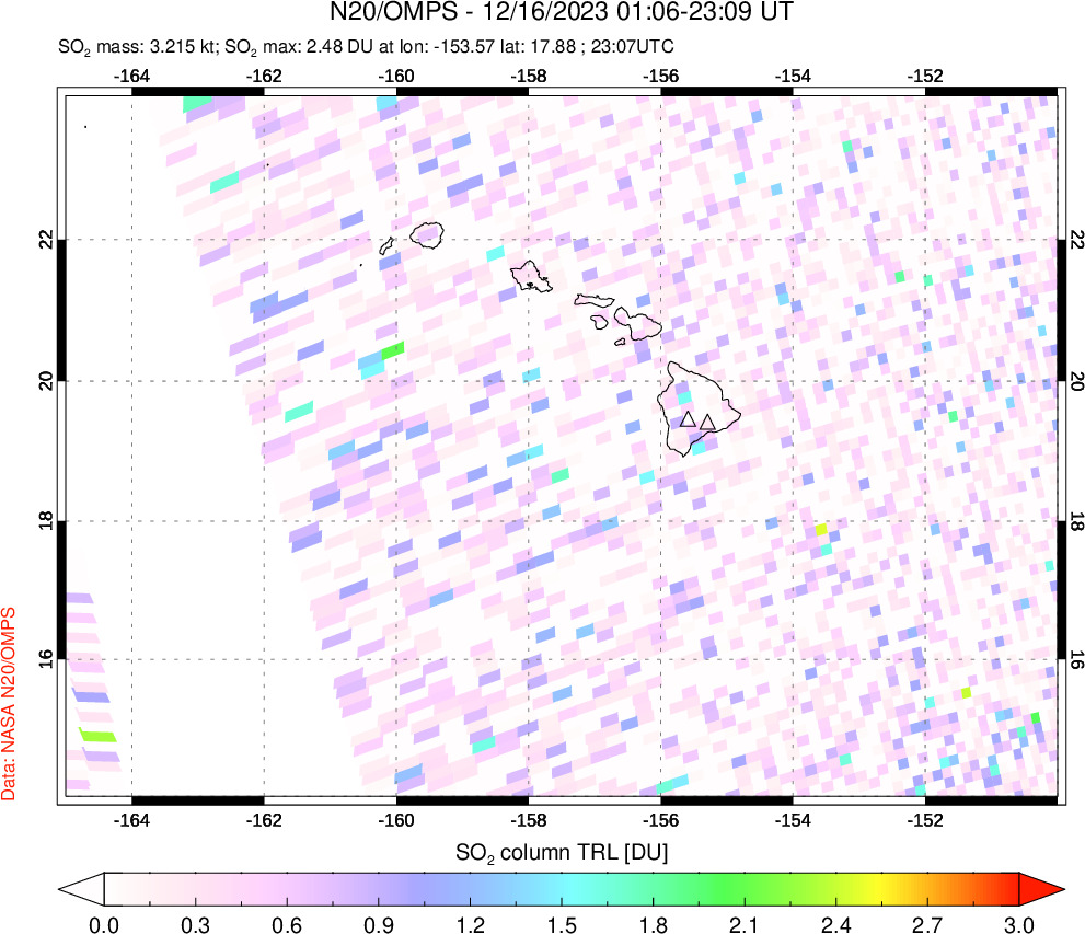 A sulfur dioxide image over Hawaii, USA on Dec 16, 2023.