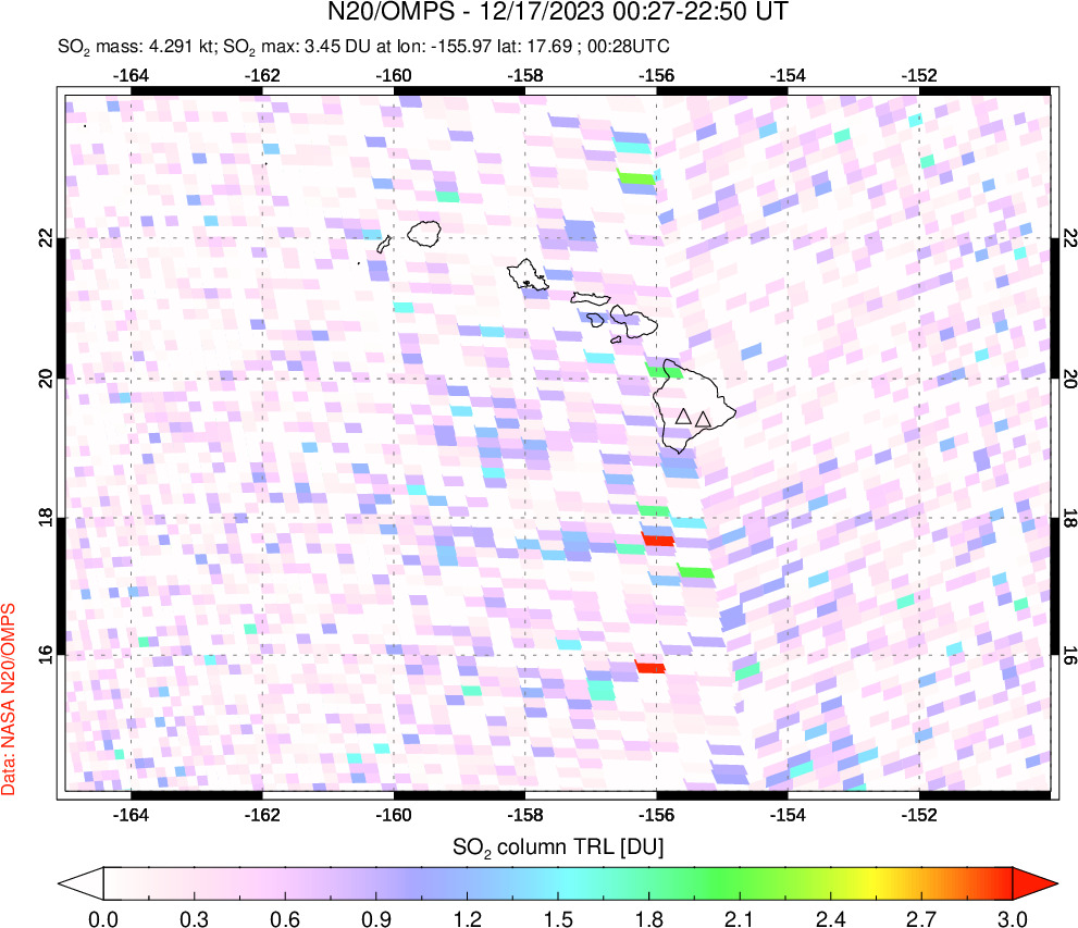 A sulfur dioxide image over Hawaii, USA on Dec 17, 2023.