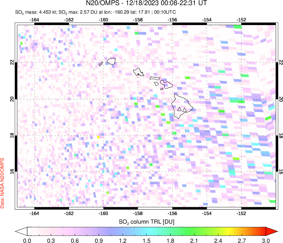 A sulfur dioxide image over Hawaii, USA on Dec 18, 2023.