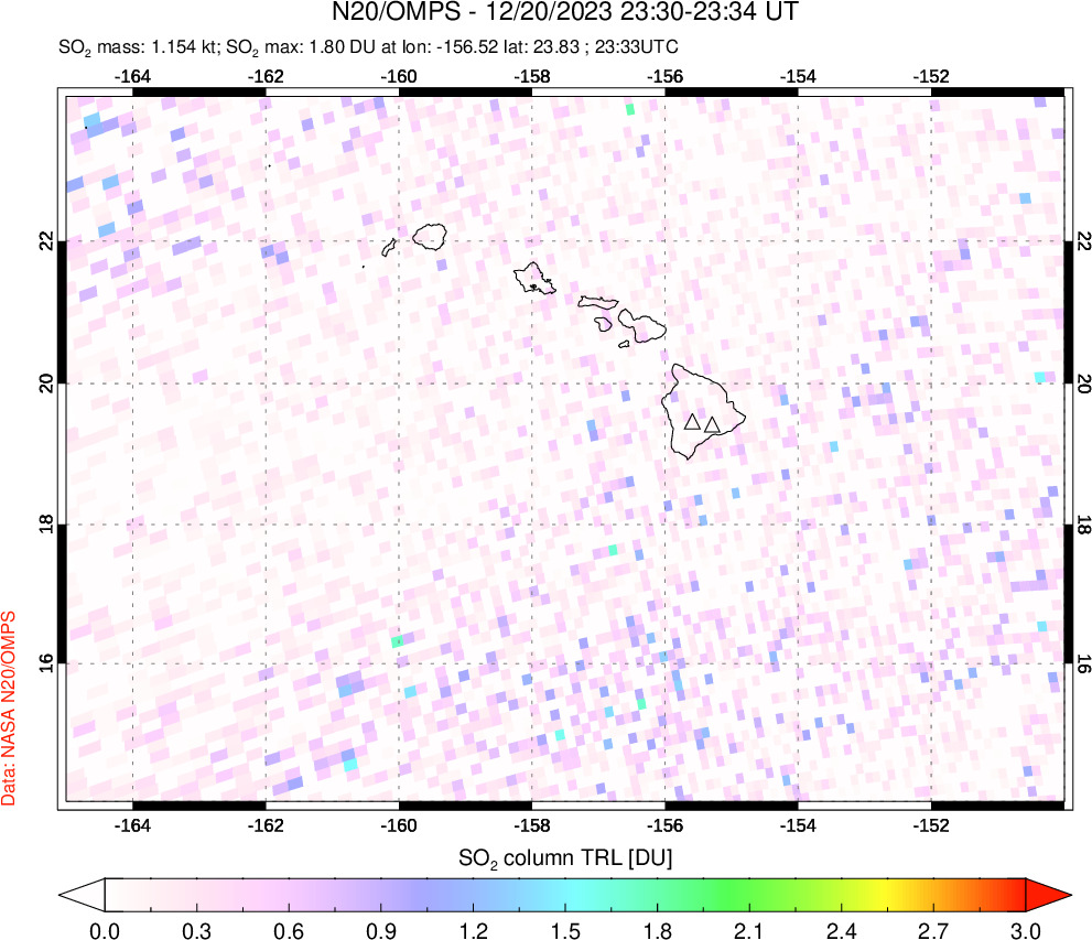 A sulfur dioxide image over Hawaii, USA on Dec 20, 2023.